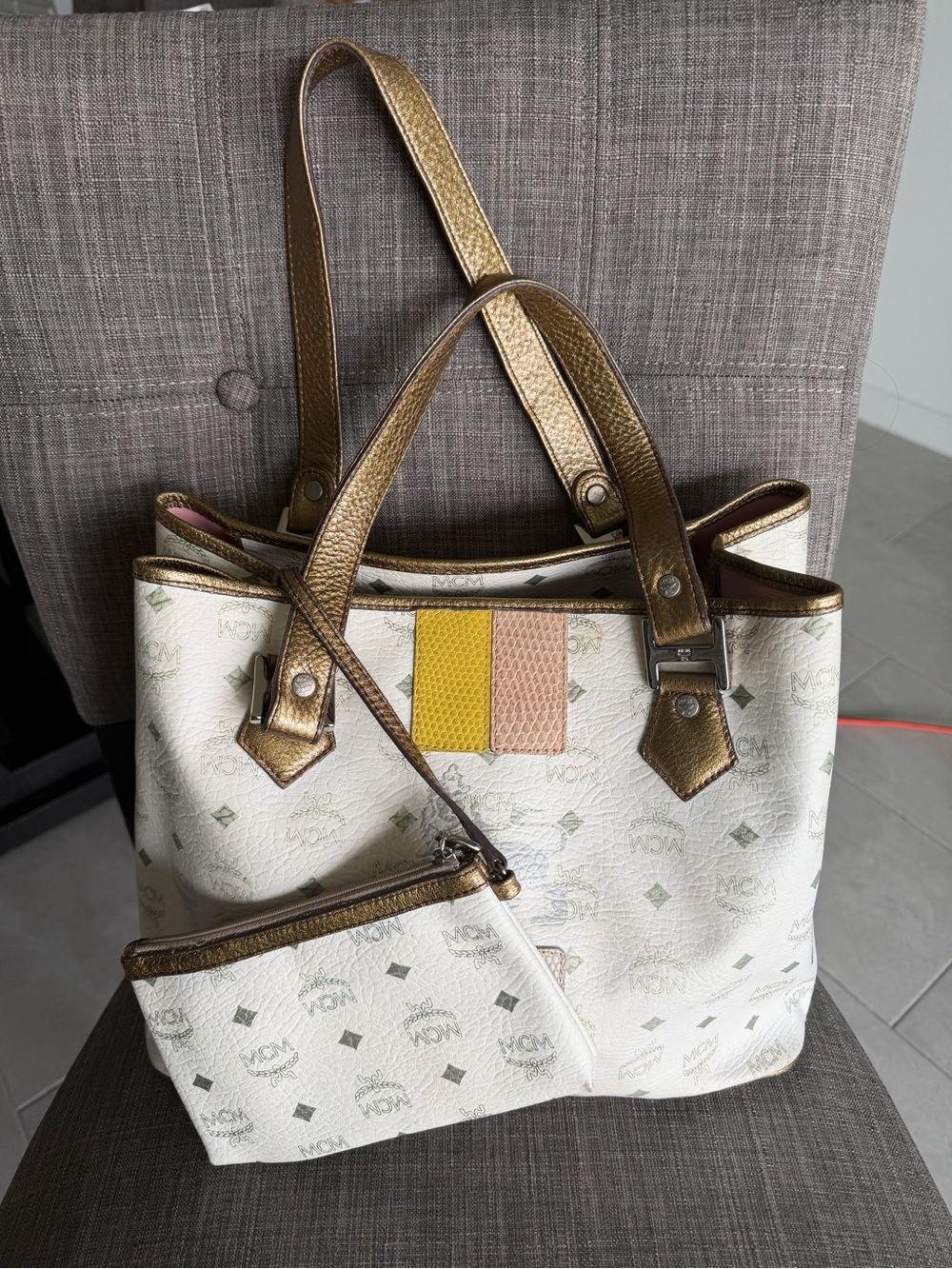 MCM White Tote with Gold Trim and Yellow/Pink Accent
